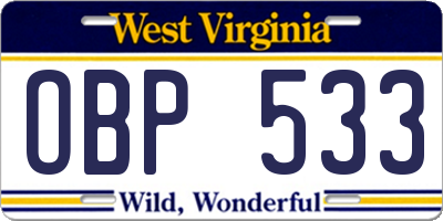 WV license plate OBP533