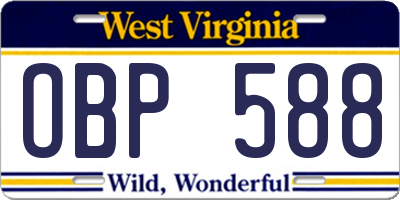 WV license plate OBP588