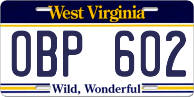 WV license plate OBP602