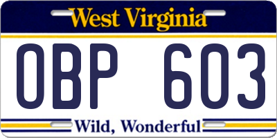 WV license plate OBP603