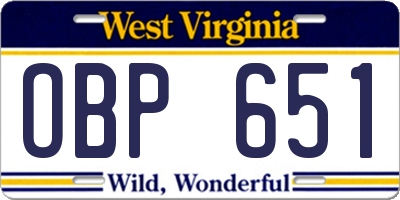 WV license plate OBP651