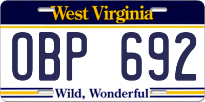 WV license plate OBP692