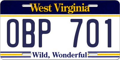WV license plate OBP701