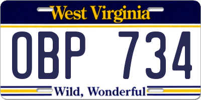 WV license plate OBP734