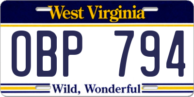 WV license plate OBP794