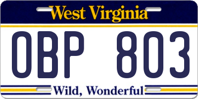 WV license plate OBP803