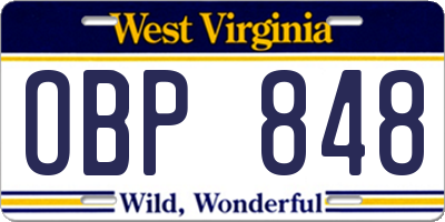 WV license plate OBP848