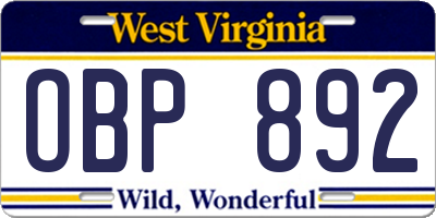 WV license plate OBP892