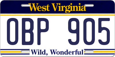 WV license plate OBP905