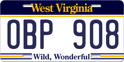 WV license plate OBP908