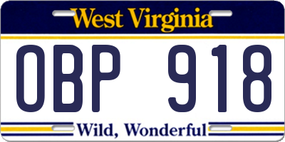 WV license plate OBP918