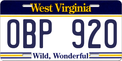 WV license plate OBP920
