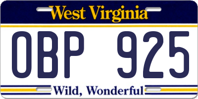 WV license plate OBP925