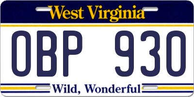 WV license plate OBP930