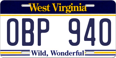 WV license plate OBP940