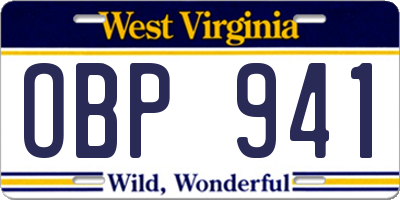 WV license plate OBP941