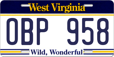 WV license plate OBP958