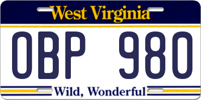 WV license plate OBP980