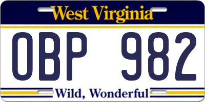 WV license plate OBP982
