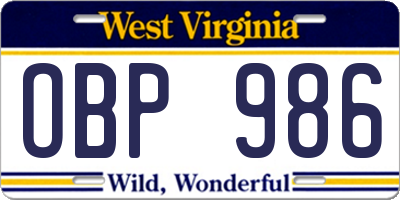 WV license plate OBP986