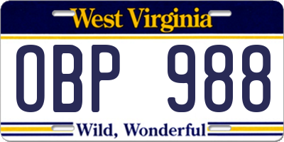 WV license plate OBP988