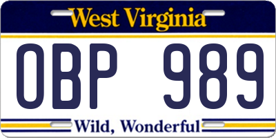 WV license plate OBP989