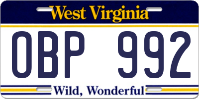 WV license plate OBP992