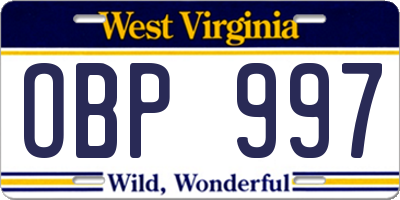 WV license plate OBP997