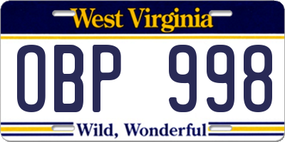 WV license plate OBP998
