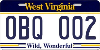 WV license plate OBQ002