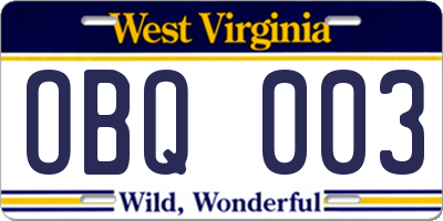 WV license plate OBQ003