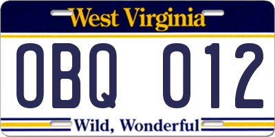 WV license plate OBQ012