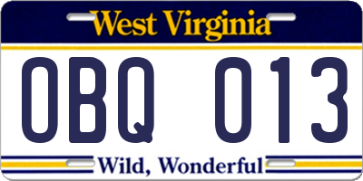 WV license plate OBQ013
