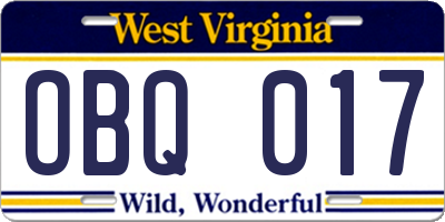 WV license plate OBQ017