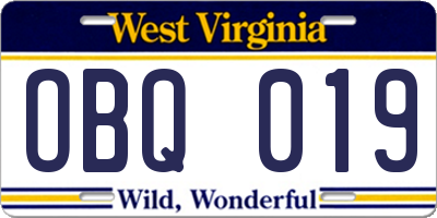 WV license plate OBQ019