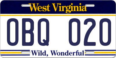 WV license plate OBQ020