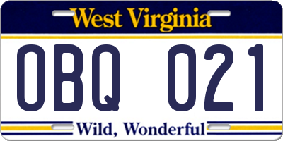 WV license plate OBQ021
