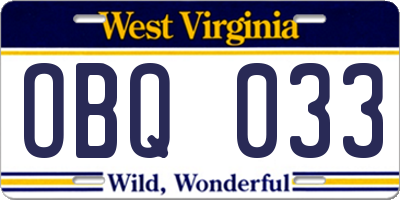 WV license plate OBQ033