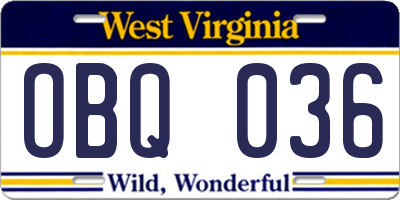 WV license plate OBQ036