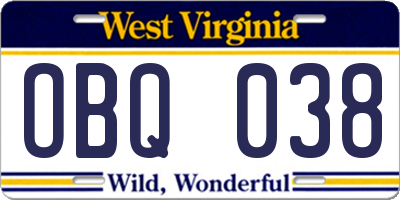 WV license plate OBQ038