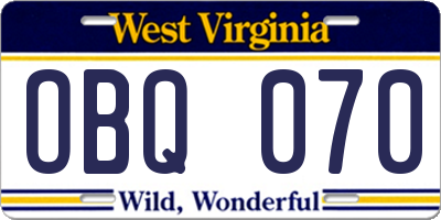 WV license plate OBQ070