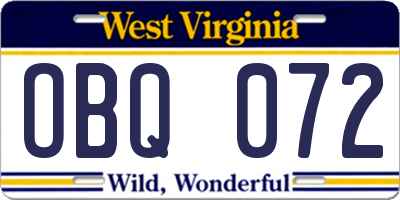 WV license plate OBQ072