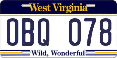 WV license plate OBQ078