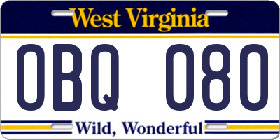 WV license plate OBQ080