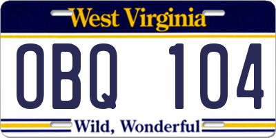 WV license plate OBQ104