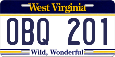 WV license plate OBQ201