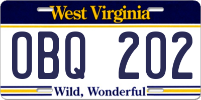 WV license plate OBQ202