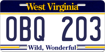 WV license plate OBQ203