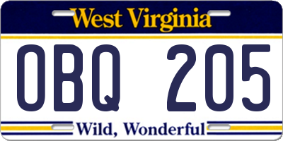 WV license plate OBQ205