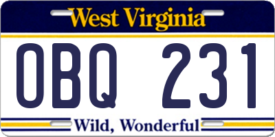 WV license plate OBQ231